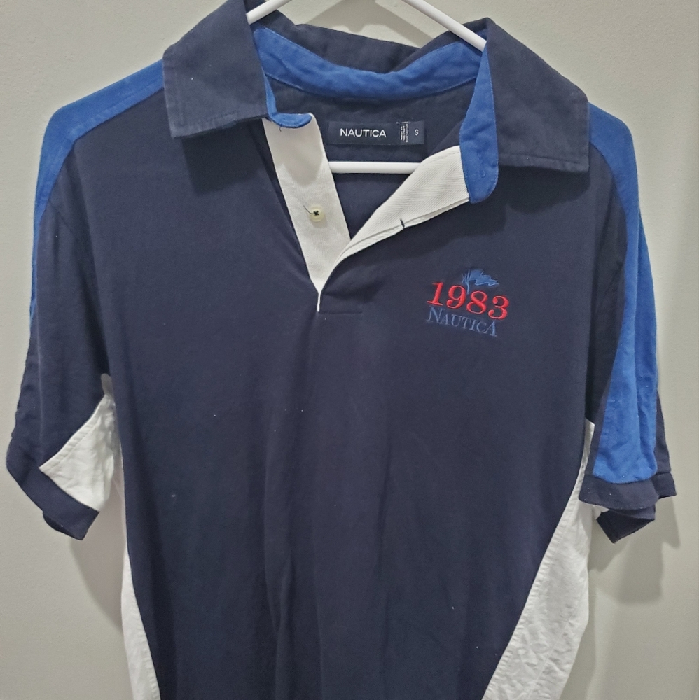 Nautica Polo Shirt Adult Blue White Blue Striped Button Rugby Mens.
